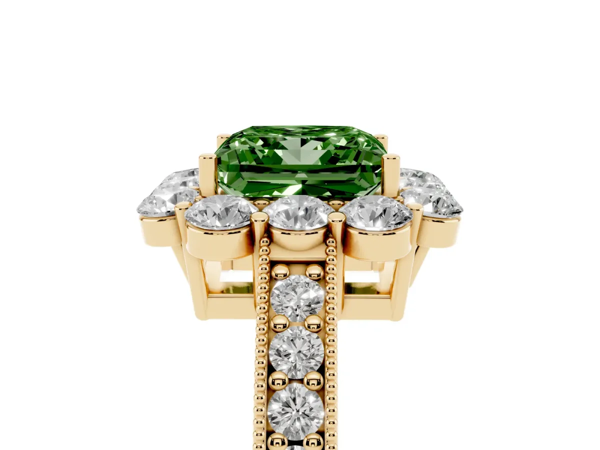 Fancy Green Princess Cut Cut Halo Diamond Pavé Engagement Ring with Milgrain Detailing Yellow gold