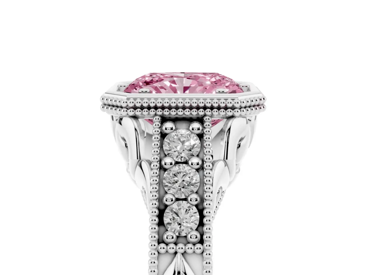 Fancy Pink Bezel Set Radiant Cut Diamond Milgrain Pave Engagement Ring Silver