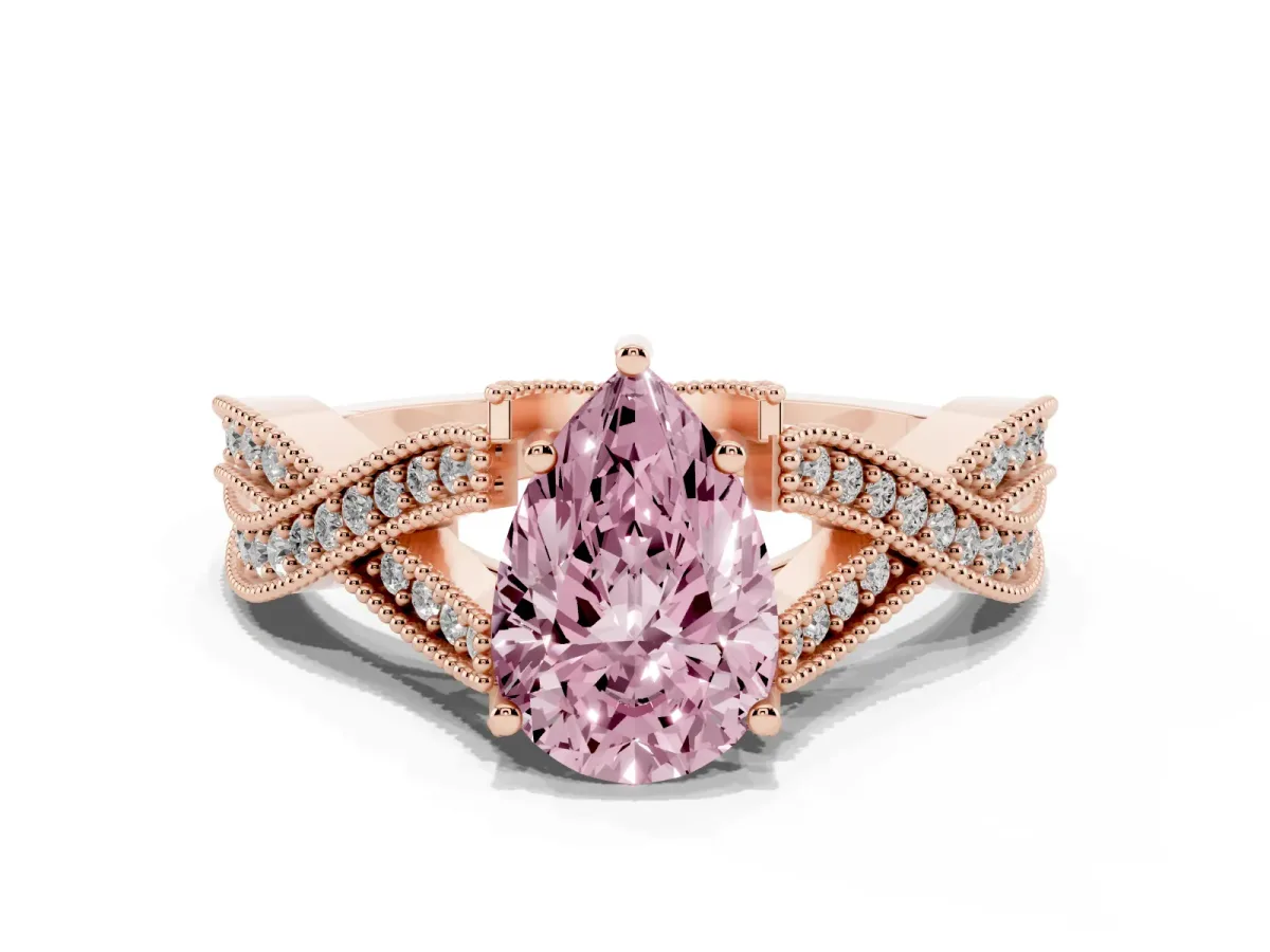 Fancy Pink Pear Cut Cut Diamond Twisted Band with Milgrain Pave Setting and Four-Prong Setting Rose gold