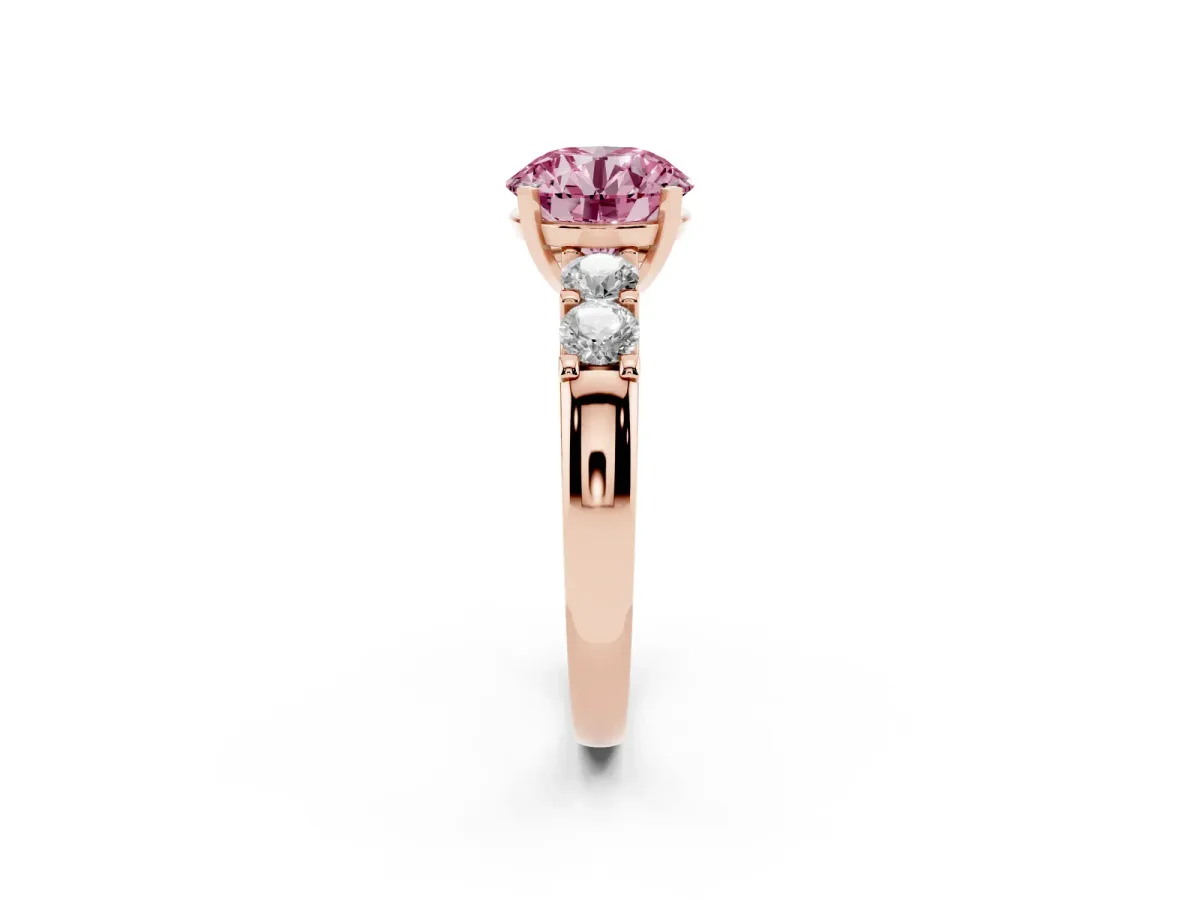 Fancy Pink Round Cut Brilliant Cut Diamond Five-Stone Prong Set Engagement Ring with Channel Band Rose gold
