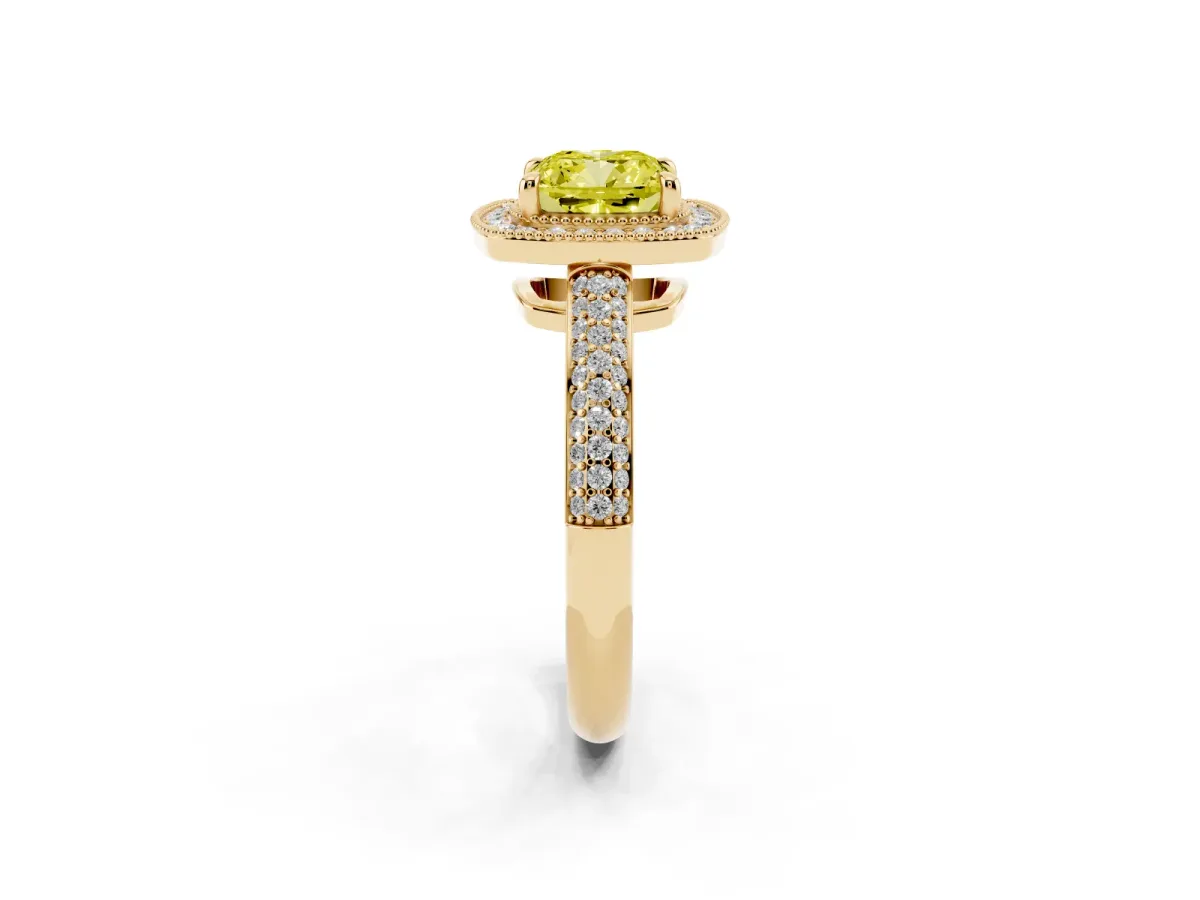 Fancy Yellow Cushion Cut Cut Halo Diamond Pave Band with Four-Prong Setting Yellow gold