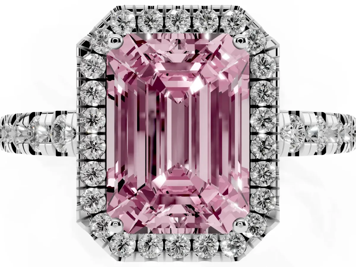Fancy Pink Emerald Cut Diamond Halo Ring with Pavé Band and Four-Prong Setting Silver
