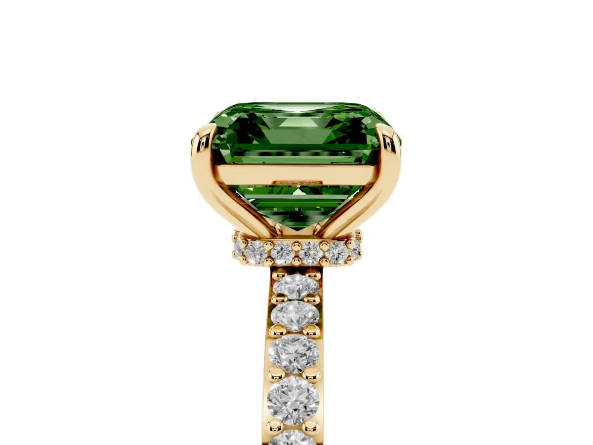 Fancy Green Asscher Cut Diamond Solitaire Engagement Ring with Pavé Band and Four-Prong Setting Yellow gold