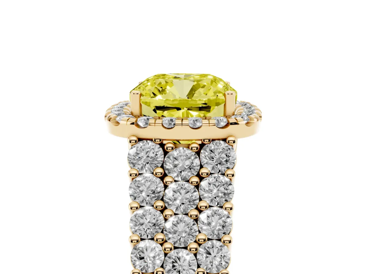 Fancy Yellow Cushion Cut Diamond Halo Engagement Ring with Triple Row Round Pavé Band and Prong Setting Yellow gold