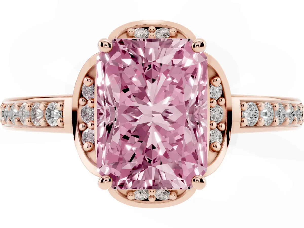 Fancy Pink Radiant Cut Cut Halo Diamond Ring with Channel Set Band and Four-Prong Setting Rose gold