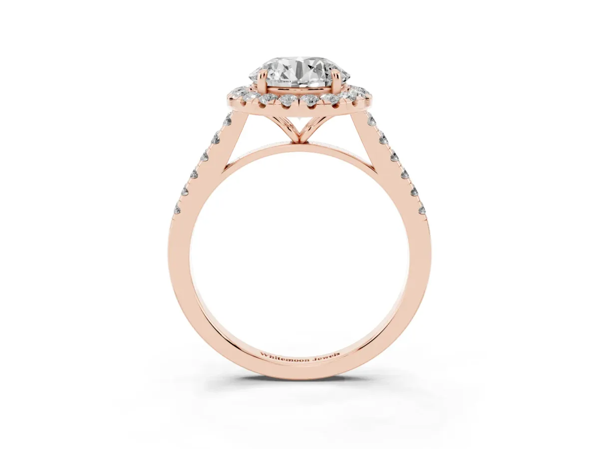 Round Cut Halo Pave Diamond Engagement Ring with Four-Prong Setting Rose gold