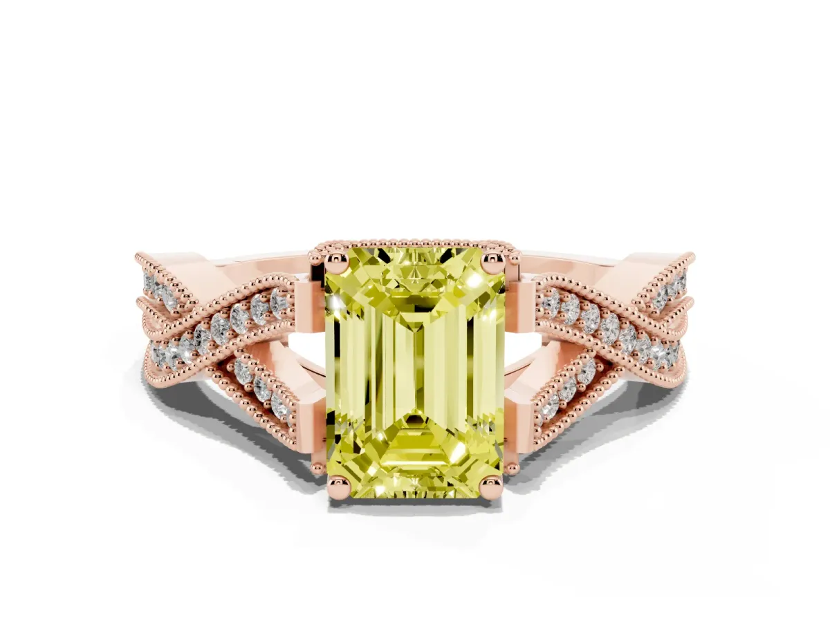 Fancy Yellow Emerald Cut Cut Diamond Twisted Band with Milgrain Pave Setting and Four-Prong Setting Rose gold