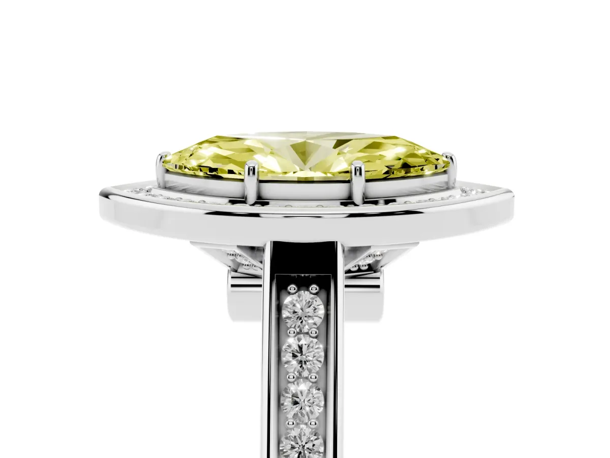Fancy Yellow Marquise Cut Halo Solitaire Diamond Ring with Pave Band and Bezel Setting White gold