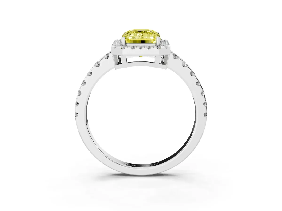 Fancy Yellow Emerald Cut Diamond Halo Ring with Pavé Band and Four-Prong Setting Platinum