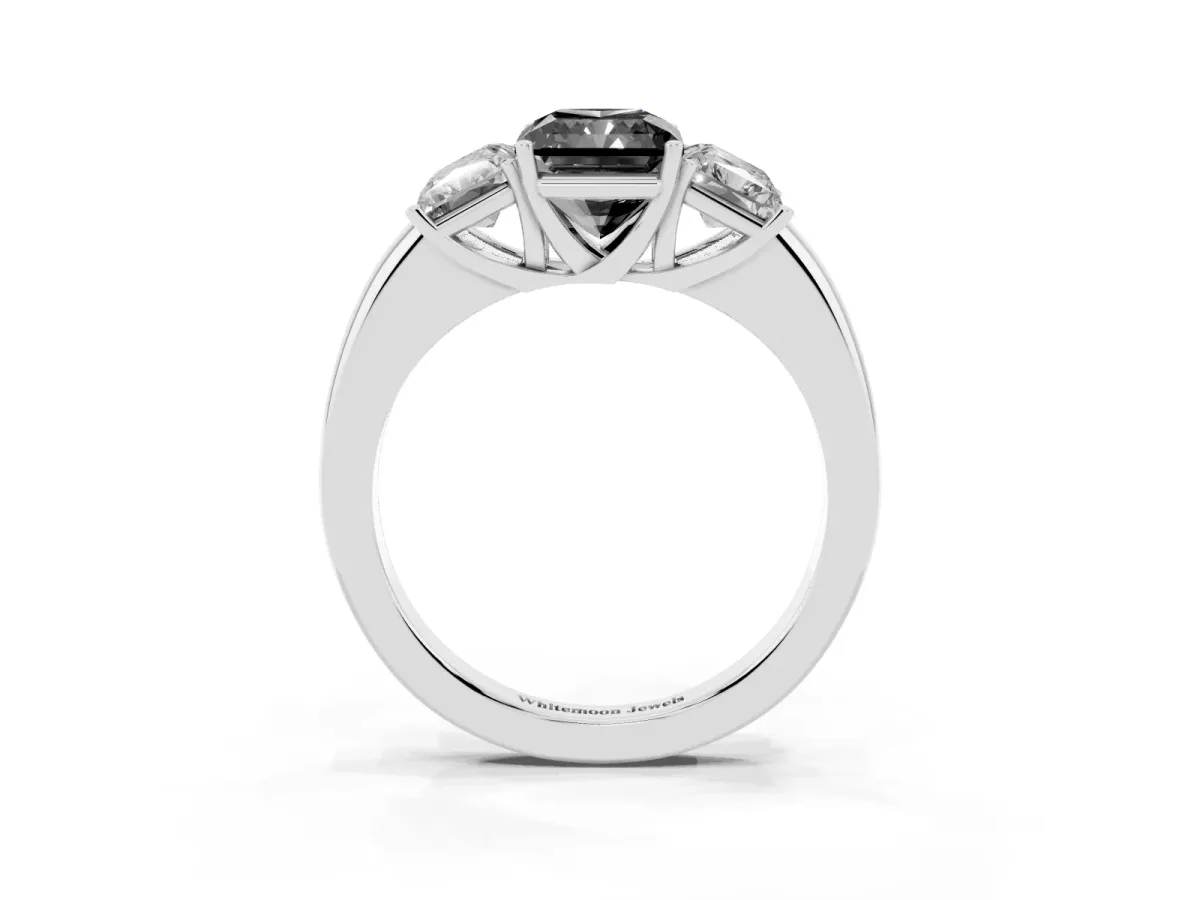 Fancy Black Radiant Cut Diamond Three-Stone Ring with Four-Prong Setting and Classic Band Silver
