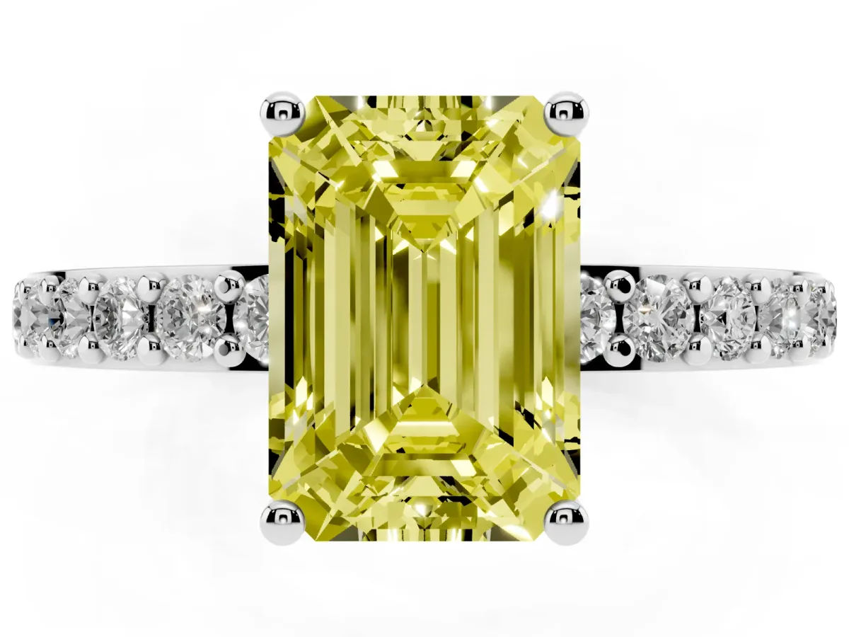 Fancy Yellow Emerald Cut Cut Diamond Solitaire with Pave Band and Four-Prong Setting Silver