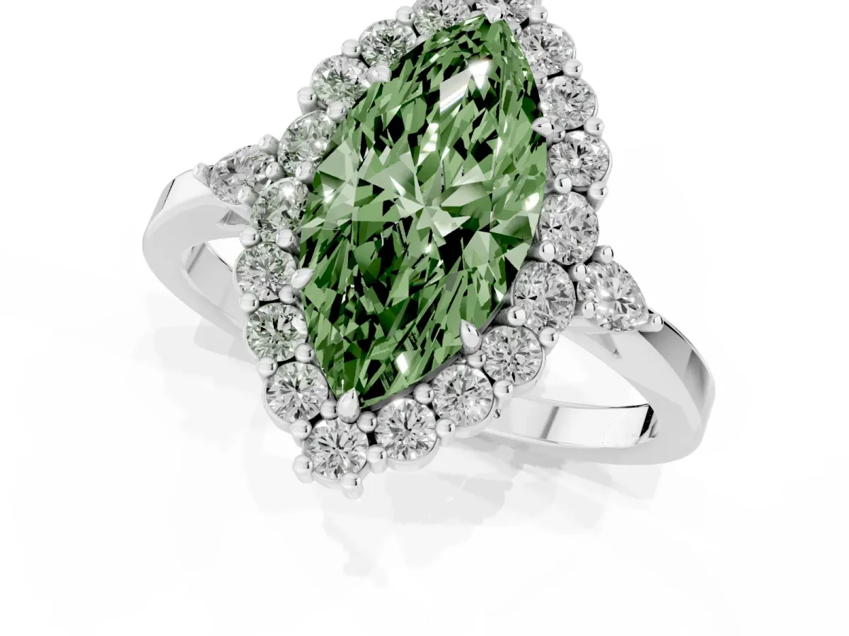 Fancy Green Marquise Cut Diamond Halo Ring with Pear Side Stones and Prong Setting Silver