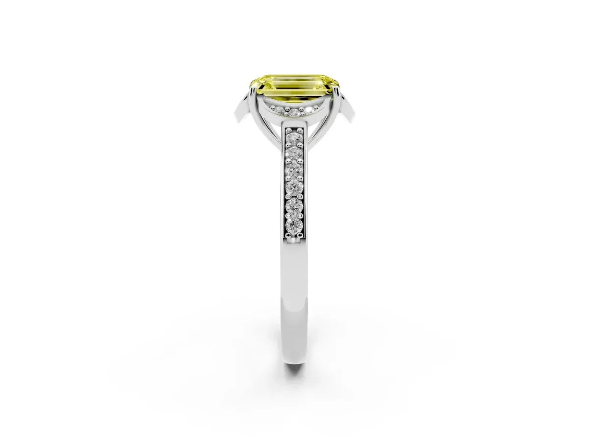 Fancy Yellow Emerald Cut Cut Halo Diamond Ring with Channel Set Band and Four-Prong Setting White gold