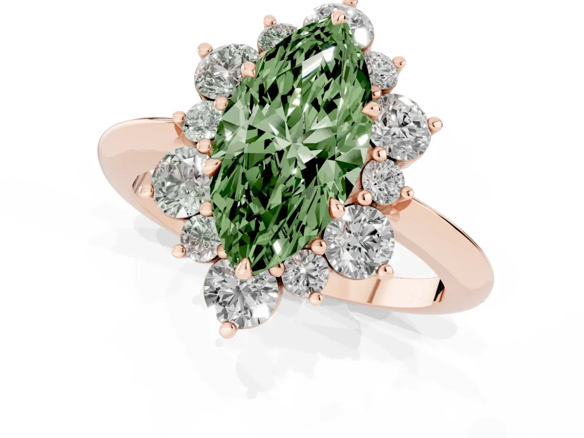 Fancy Green Marquise Cut Diamond Cluster Halo Ring with Solitaire Band and Four-Prong Setting Rose gold