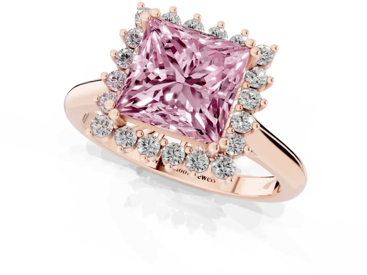 Fancy Pink Princess Cut Cut Diamond Halo Ring with Solitaire Band and Prong Setting Rose gold