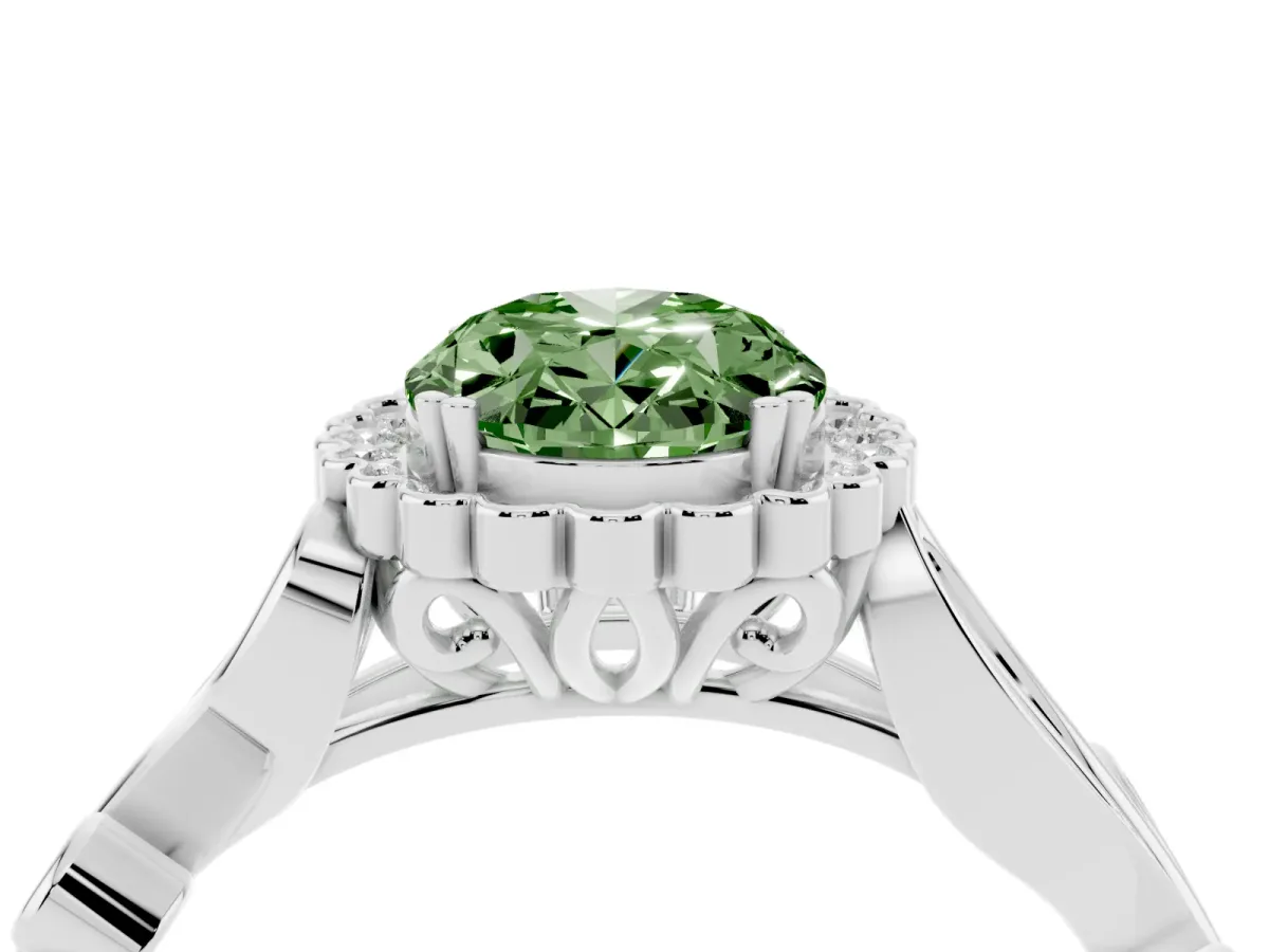 Fancy Green Oval Cut Diamond Halo Ring with Vintage Split Shank and Four-Prong Setting Silver