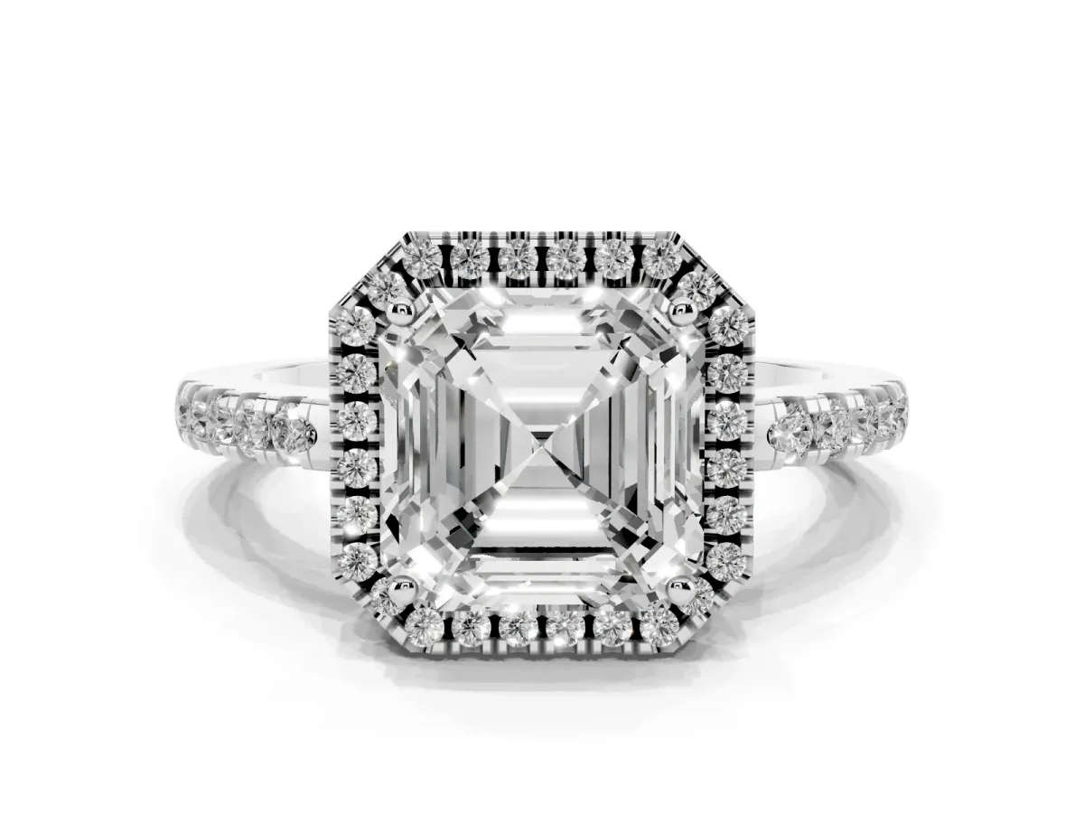 Asscher Cut Halo Diamond Engagement Ring with Pavé Band and Four-Prong Setting Silver