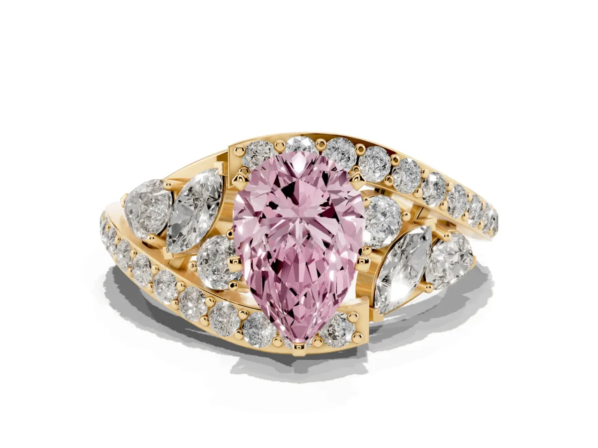 Fancy Pink Pear Cut Diamond Halo Ring with Marquise and Pavé Band in Prong Setting Yellow gold