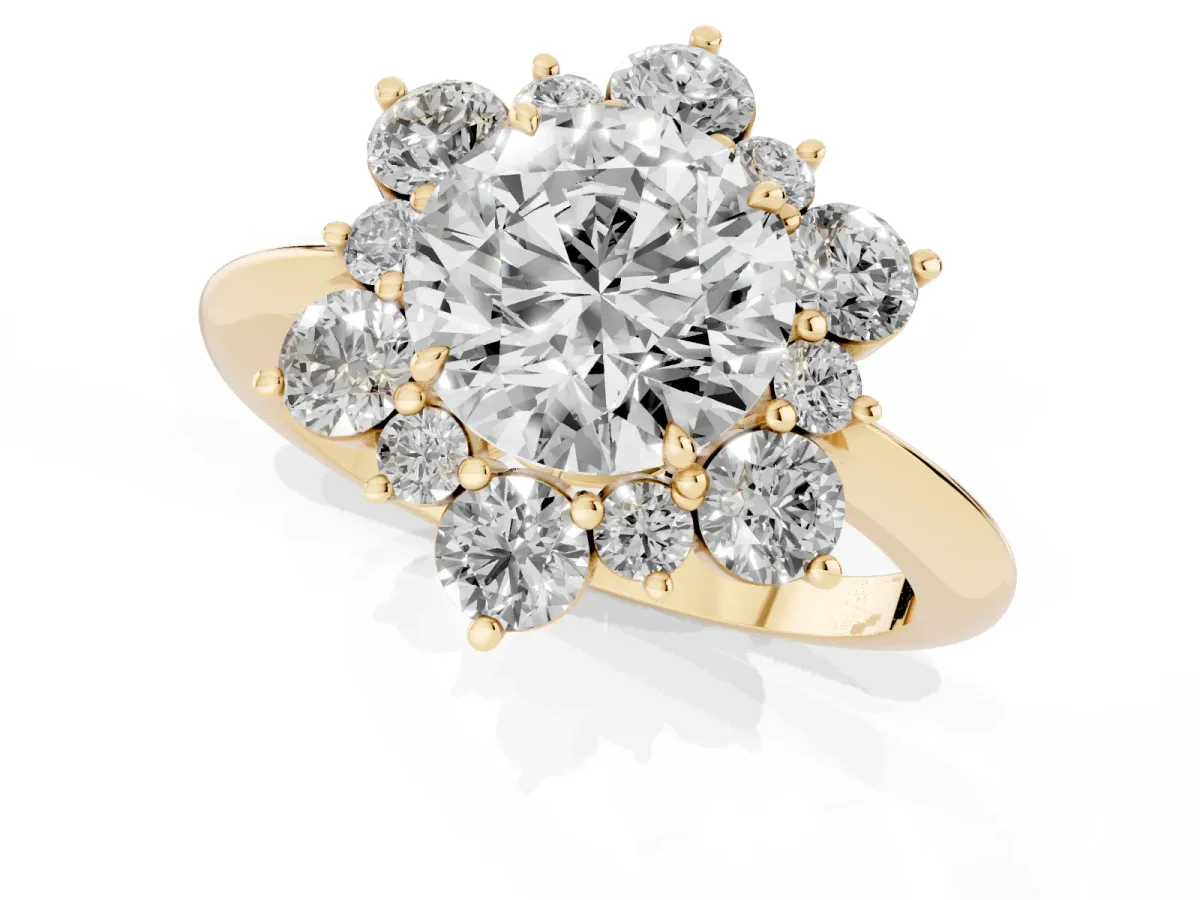 Round Cut Diamond Cluster Halo Ring with Solitaire Band and Four-Prong Setting Yellow gold