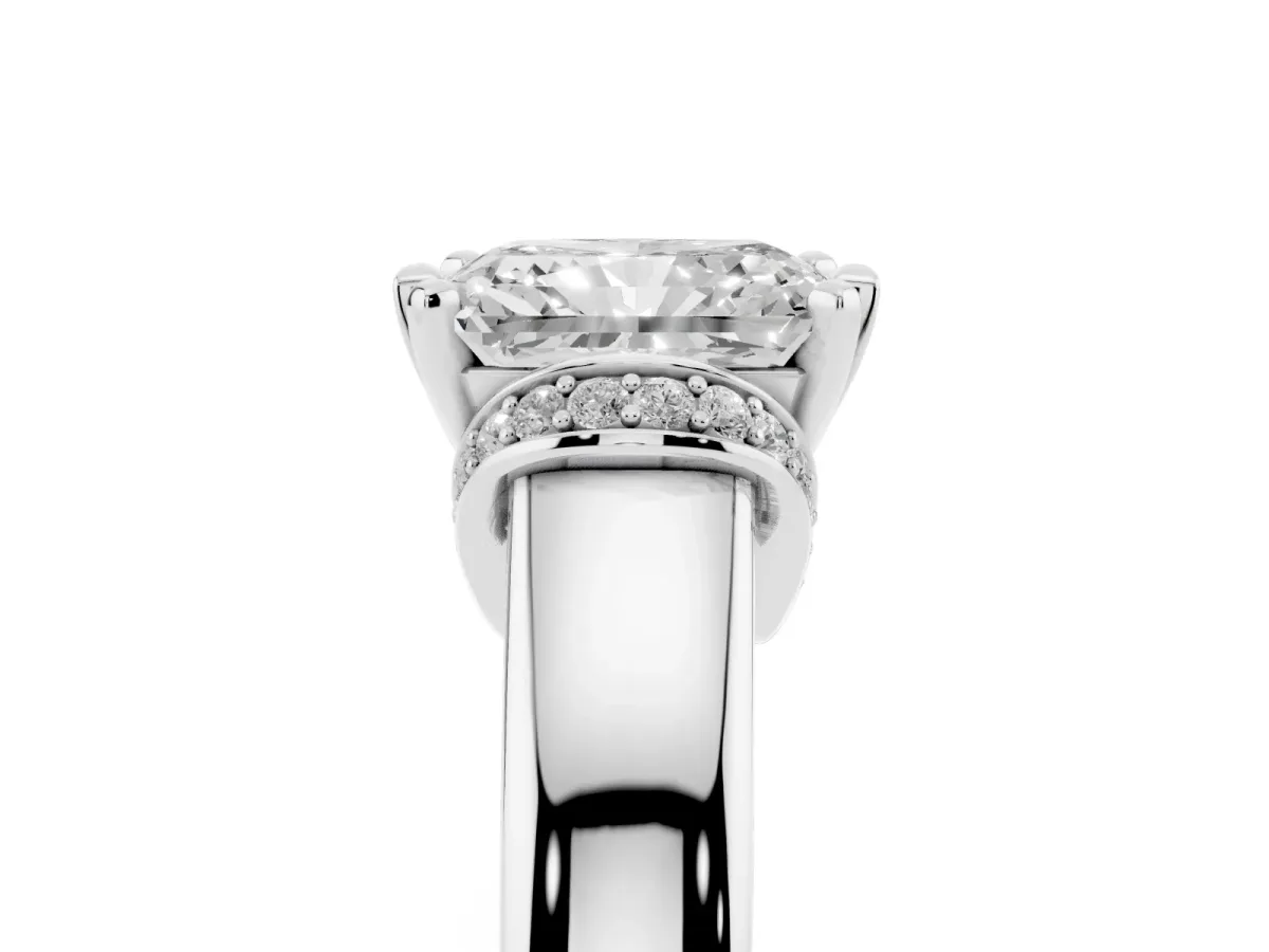Radiant Cut Solitaire Diamond Ring with Pave Band and Six-Prong Setting Silver