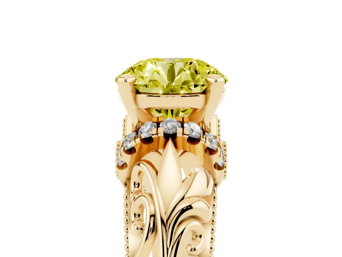 Fancy Yellow Round Cut Solitaire Filigree Engagement Ring with Halo and Prong Setting Yellow gold