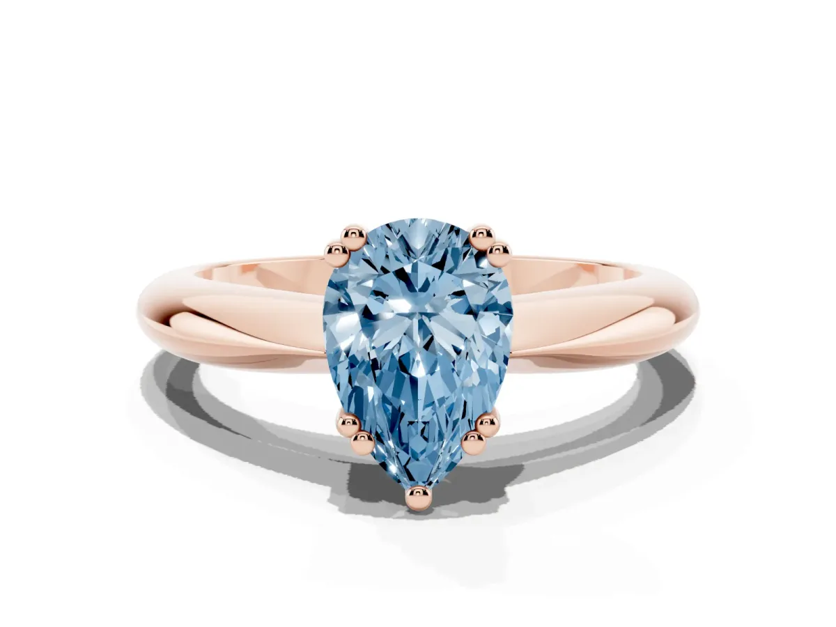 Fancy Blue Pear Cut Cut Solitaire Engagement Ring with Tapered Band and Four-Prong Setting Rose gold
