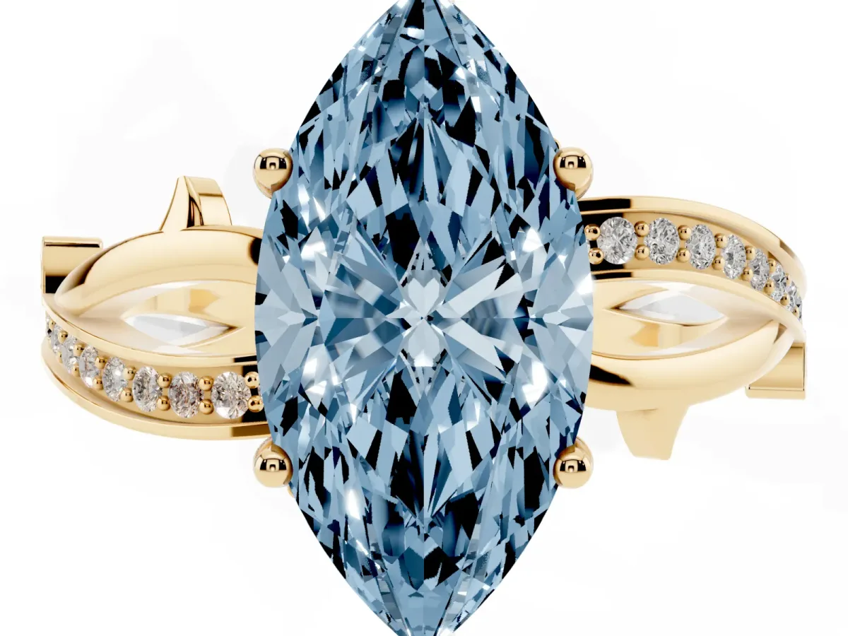 Fancy Blue Marquise Cut Solitaire Twist Band with Pavé Accents and Four-Prong Setting Yellow gold