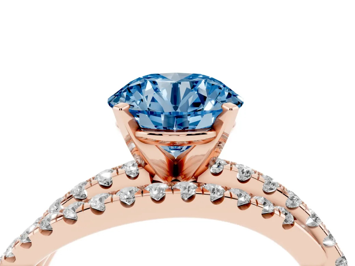 Fancy Blue Round Cut Solitaire Twist Band with Pavé Setting and Four-Prong Setting Rose gold