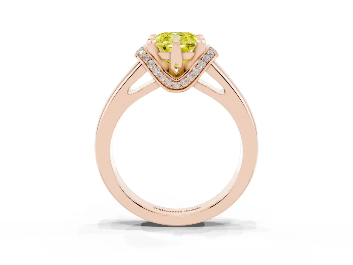 Fancy Yellow Cushion Cut Solitaire Diamond Ring with Pave Band and Six-Prong Setting Rose gold