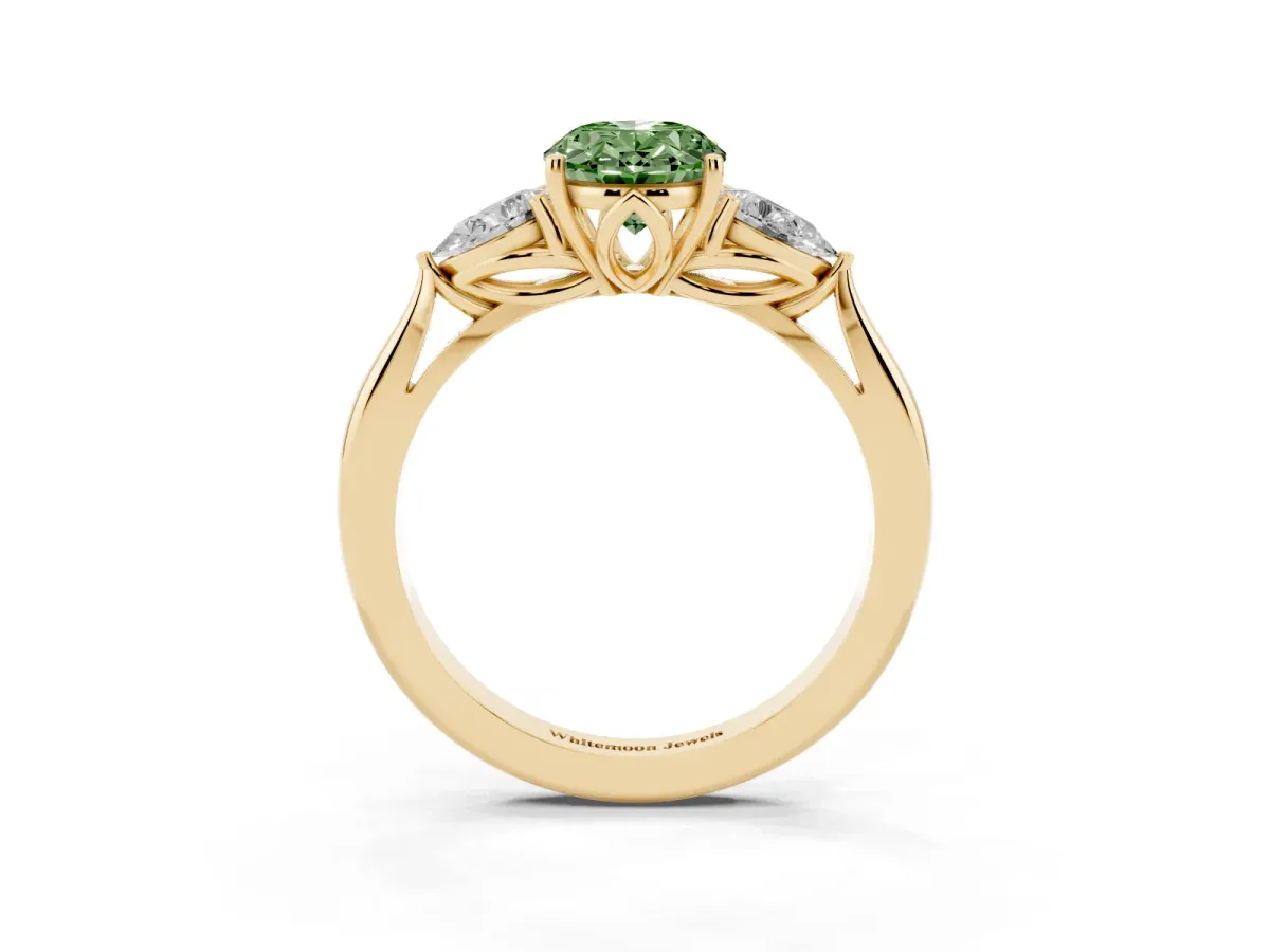 Fancy Green Oval Cut Diamond Three-Stone Ring with Pear Side Stones and Prong Setting Yellow gold
