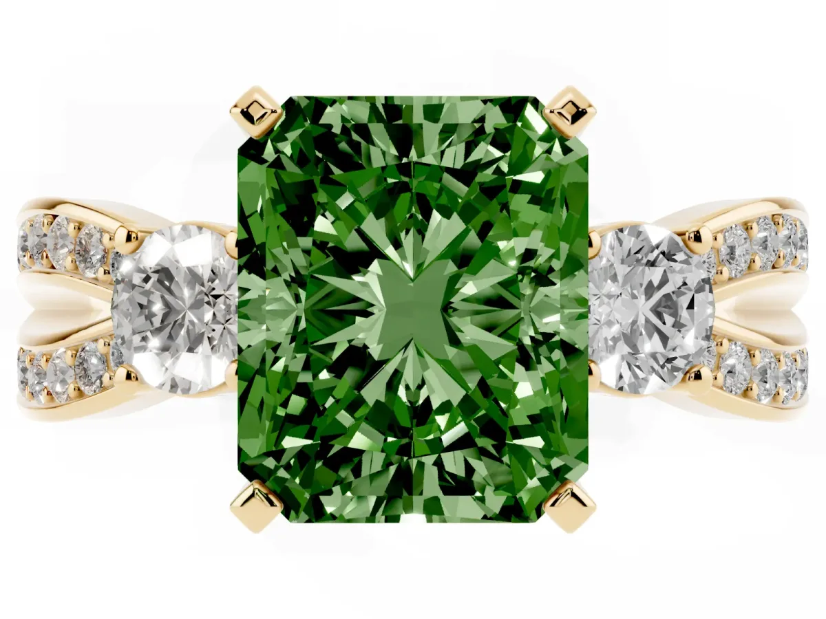 Fancy Green Three-Stone Radiant Cut Cut Diamond Twist Band with Prong Setting Yellow gold
