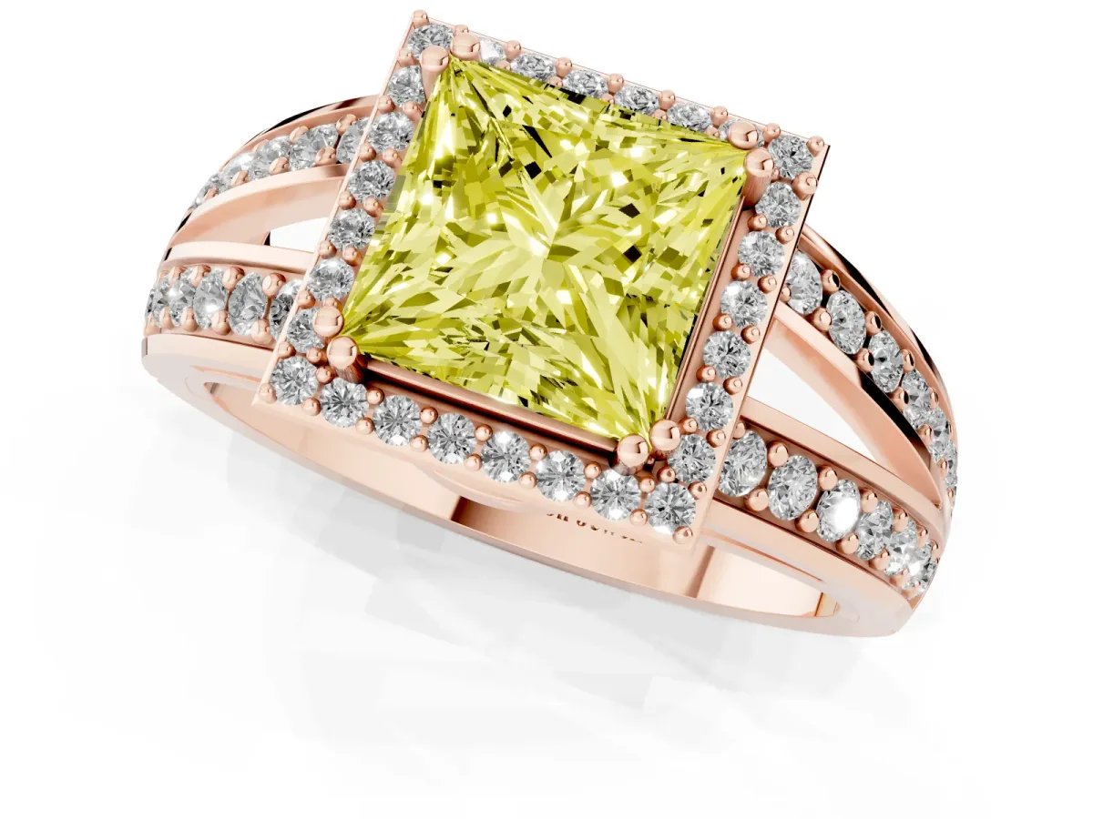 Fancy Yellow Princess Cut Diamond Halo Ring with Split Shank Pavé Band and Four-Prong Setting Rose gold