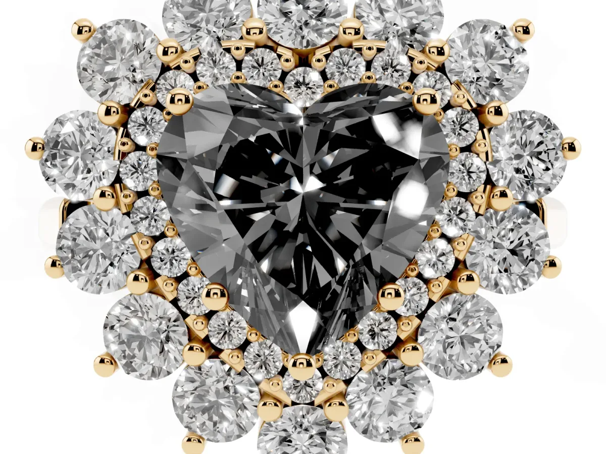Fancy Black Heart Cut Diamond Floral Double Halo Engagement Ring with Prong Setting Yellow gold