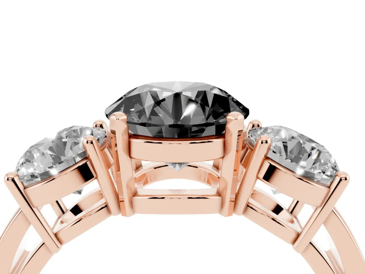 Fancy Black Three-Stone Round Cut Diamond Ring with Round Side Stones, Classic Band, and Four-Prong Setting Rose gold
