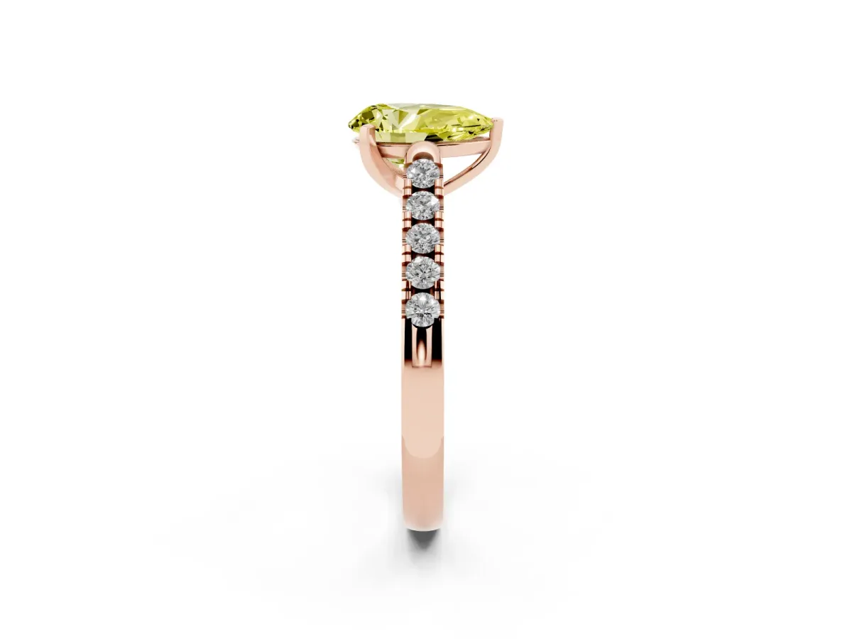 Fancy Yellow Pear Cut Diamond Pavé Band Solitaire Ring with Prong Setting Rose gold
