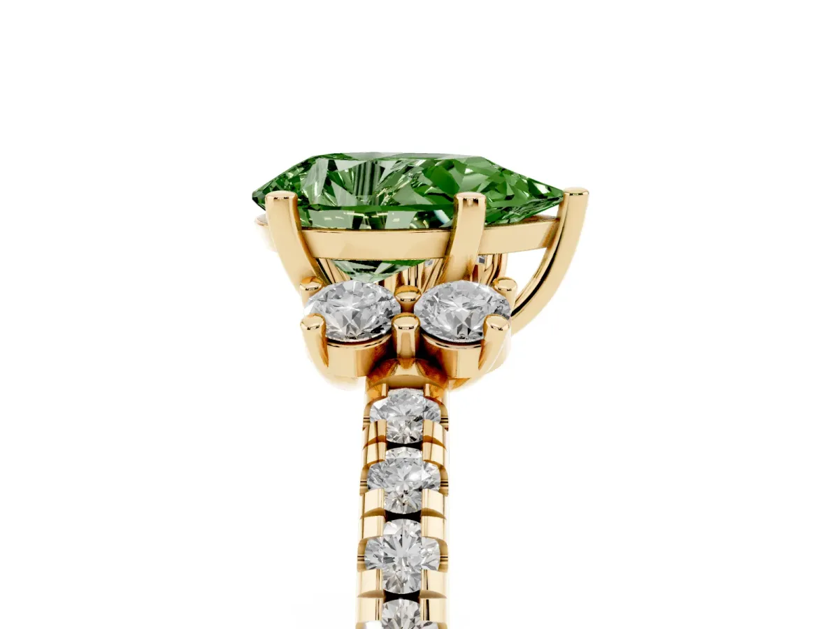 Fancy Green Pear Cut Diamond Three-Stone Pave Band with Four-Prong Setting Yellow gold