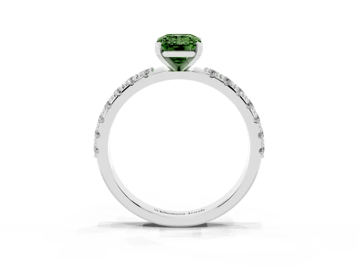 Fancy Green Emerald Cut Diamond Solitaire Pavé Band with Four-Prong Setting Platinum