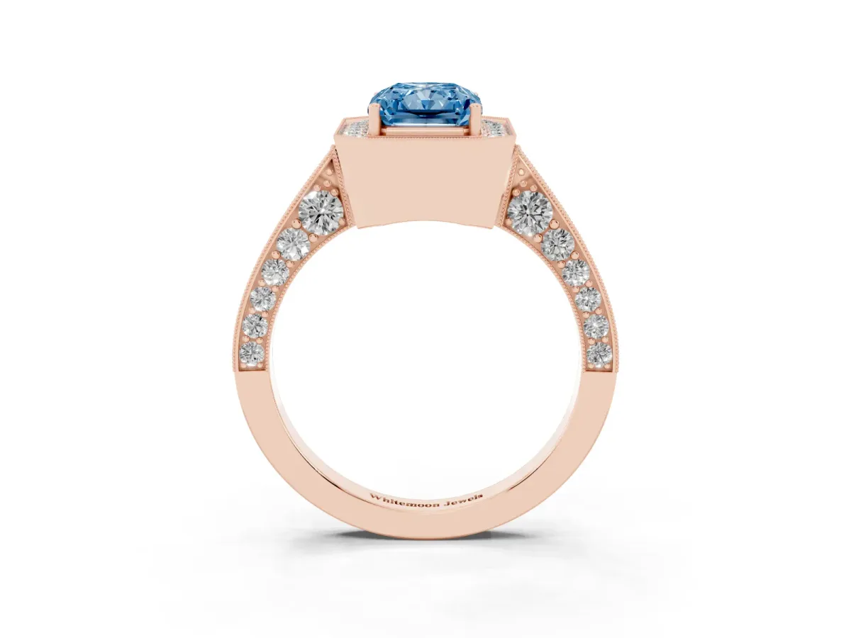 Fancy Blue Radiant Cut Halo Diamond Engagement Ring with Split Shank Band and Four-Prong Setting Rose gold