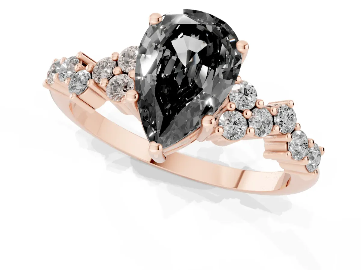 Fancy Black Pear Cut Diamond Scattered Round Accent Ring with Prong Setting Rose gold