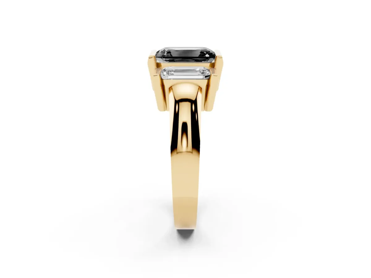 Fancy Black Three Stone Emerald Cut Cut Channel Set Diamond Ring Yellow gold