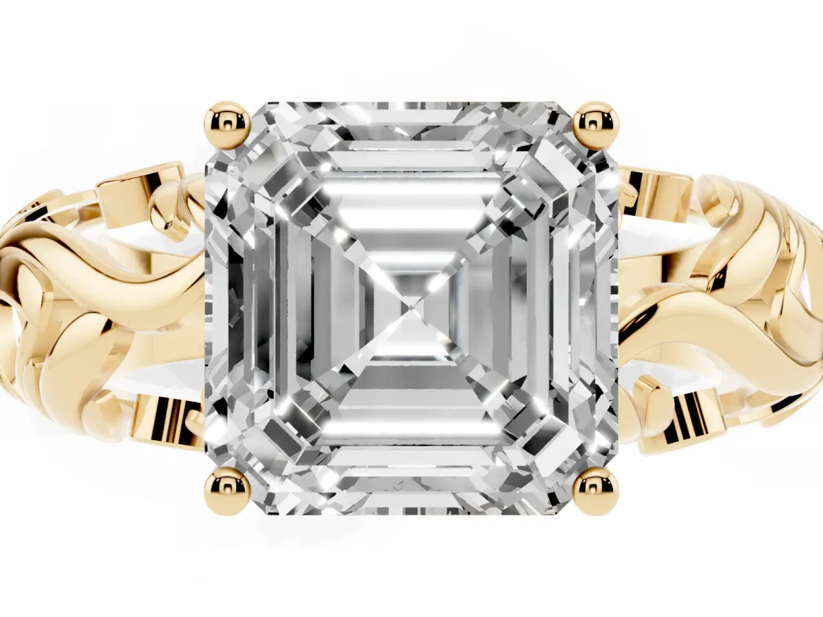 Asscher Cut Solitaire Diamond Leaf-Inspired Vine Band Ring with Prong Setting Yellow gold