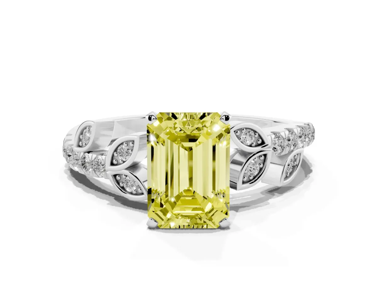Fancy Yellow Emerald Cut Solitaire Leaf-Inspired Diamond Ring with Pavé Band and Four-Prong Setting Silver