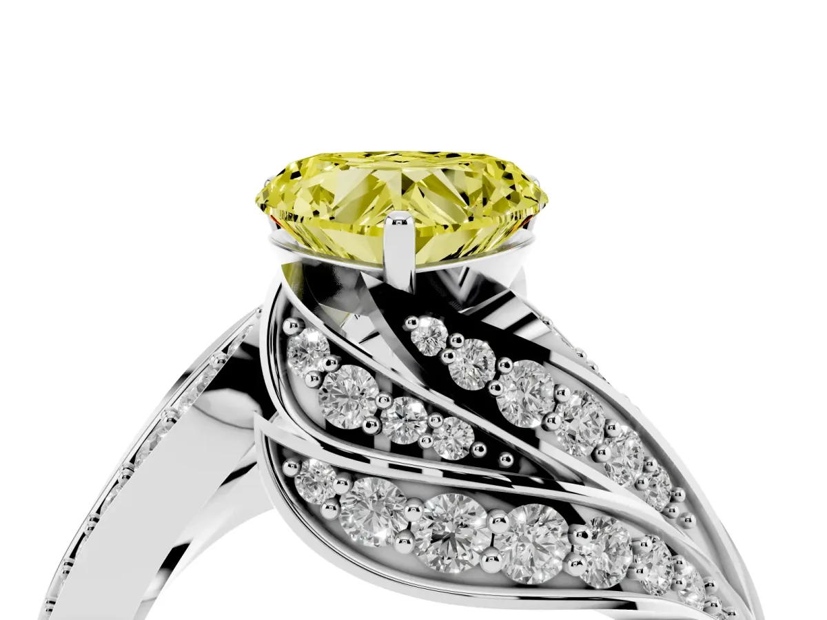 Fancy Yellow Heart Cut Diamond Solitaire Ring with Prong Setting and Twisted Pavé Band White gold