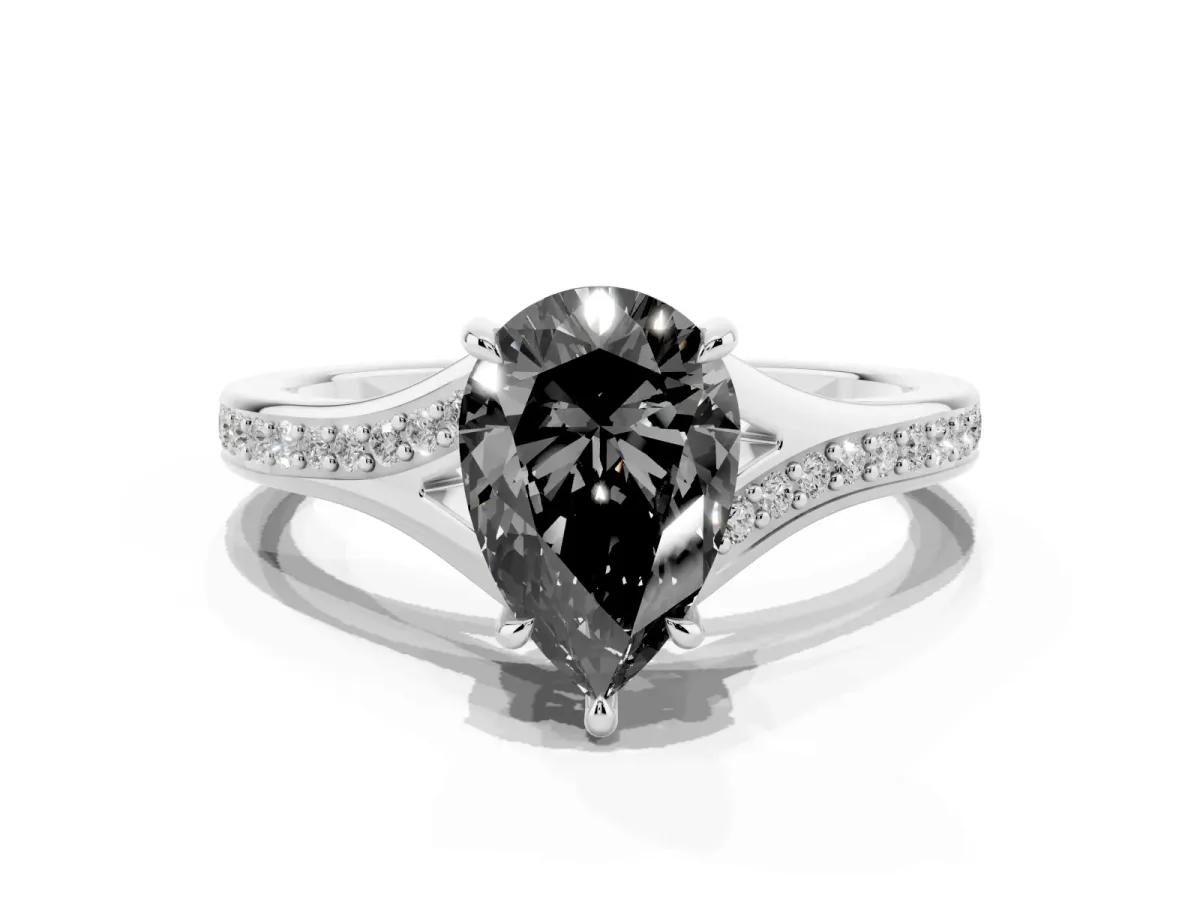Fancy Black Pear Cut Diamond Solitaire Ring with Pavé Band and Prong Setting Silver