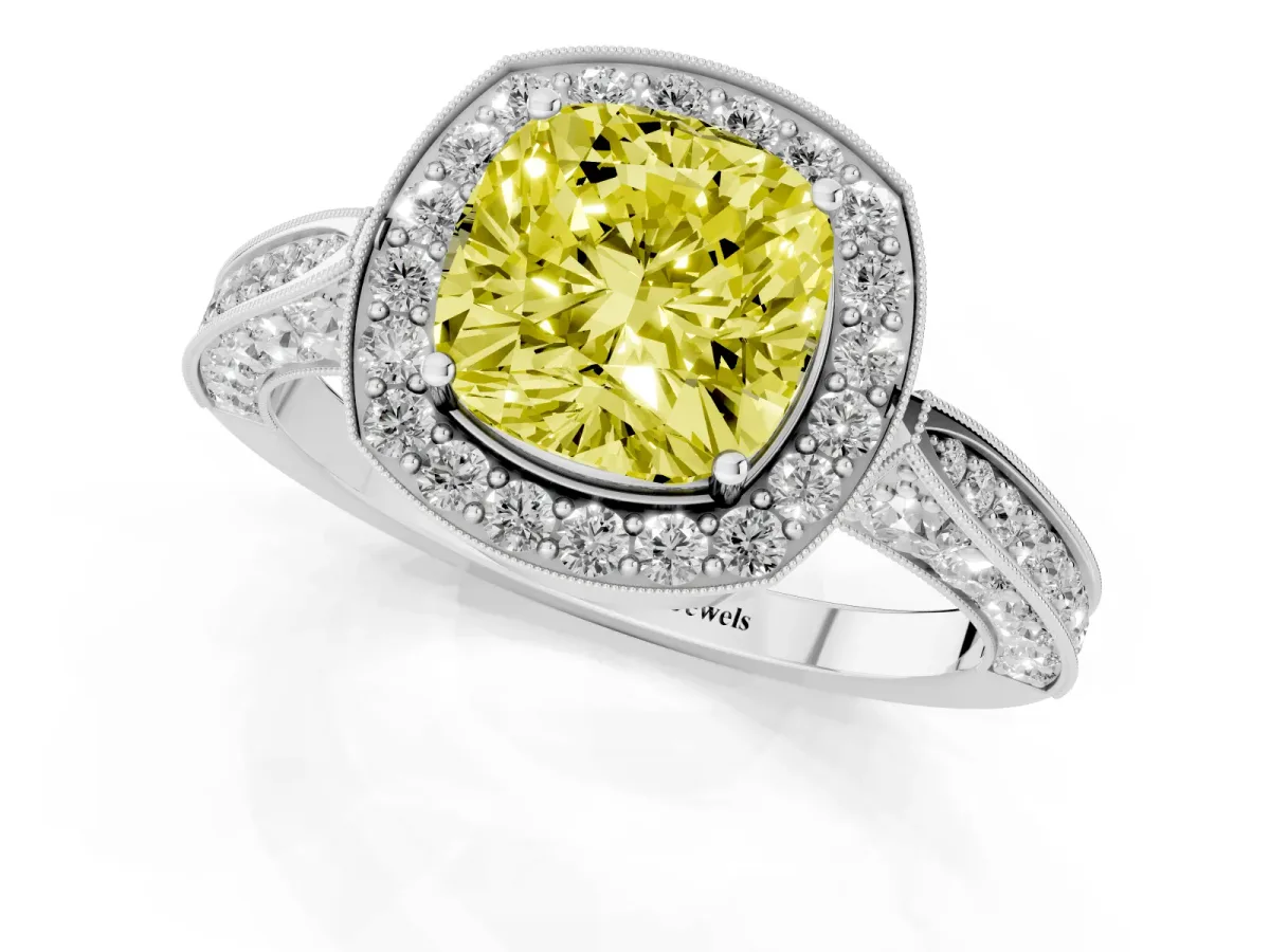Fancy Yellow Cushion Cut Halo Diamond Engagement Ring with Split Shank Band and Four-Prong Setting Platinum