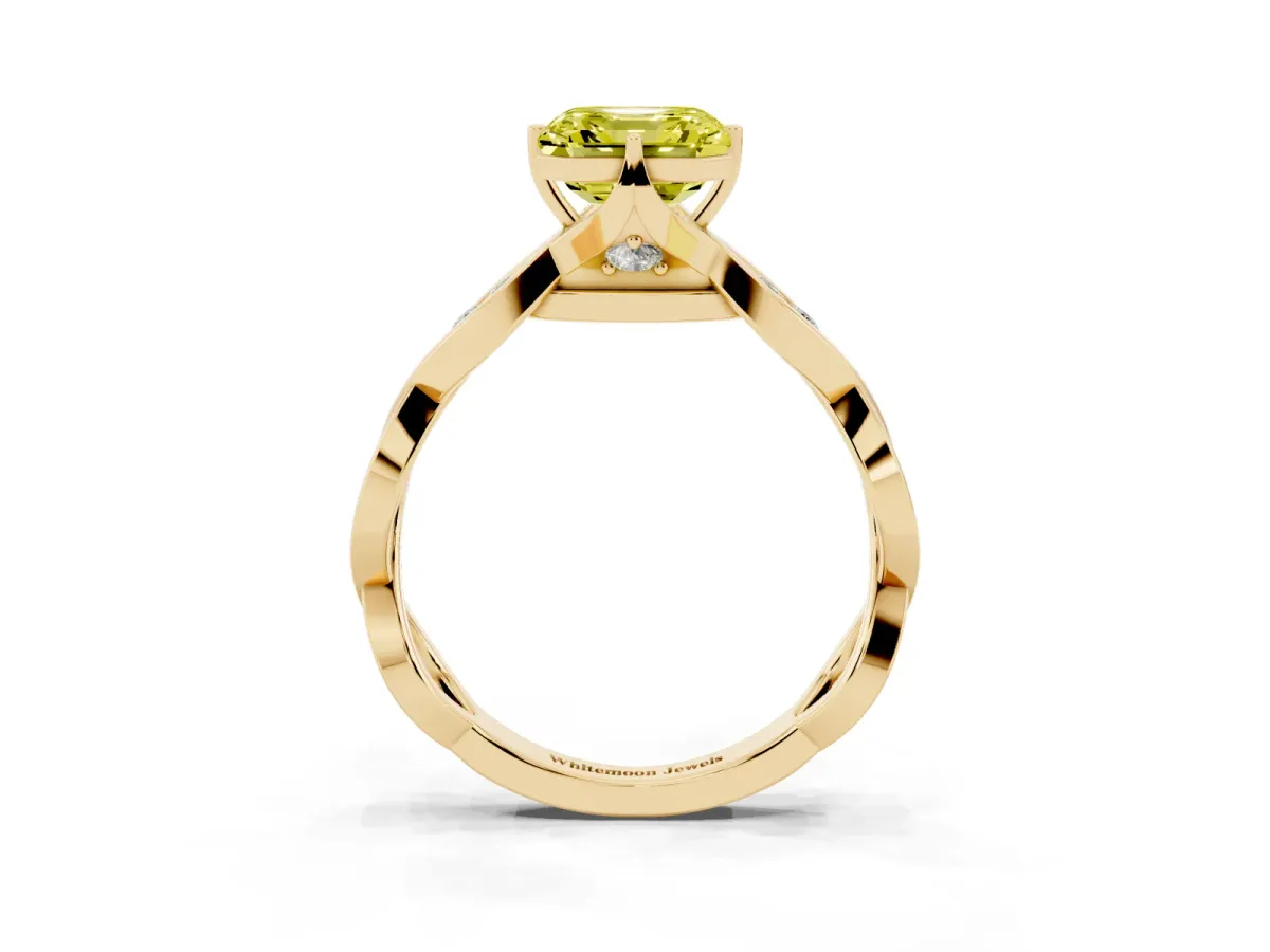Fancy Yellow Asscher Cut Solitaire Twist Band with Leaf Prong Setting Yellow gold