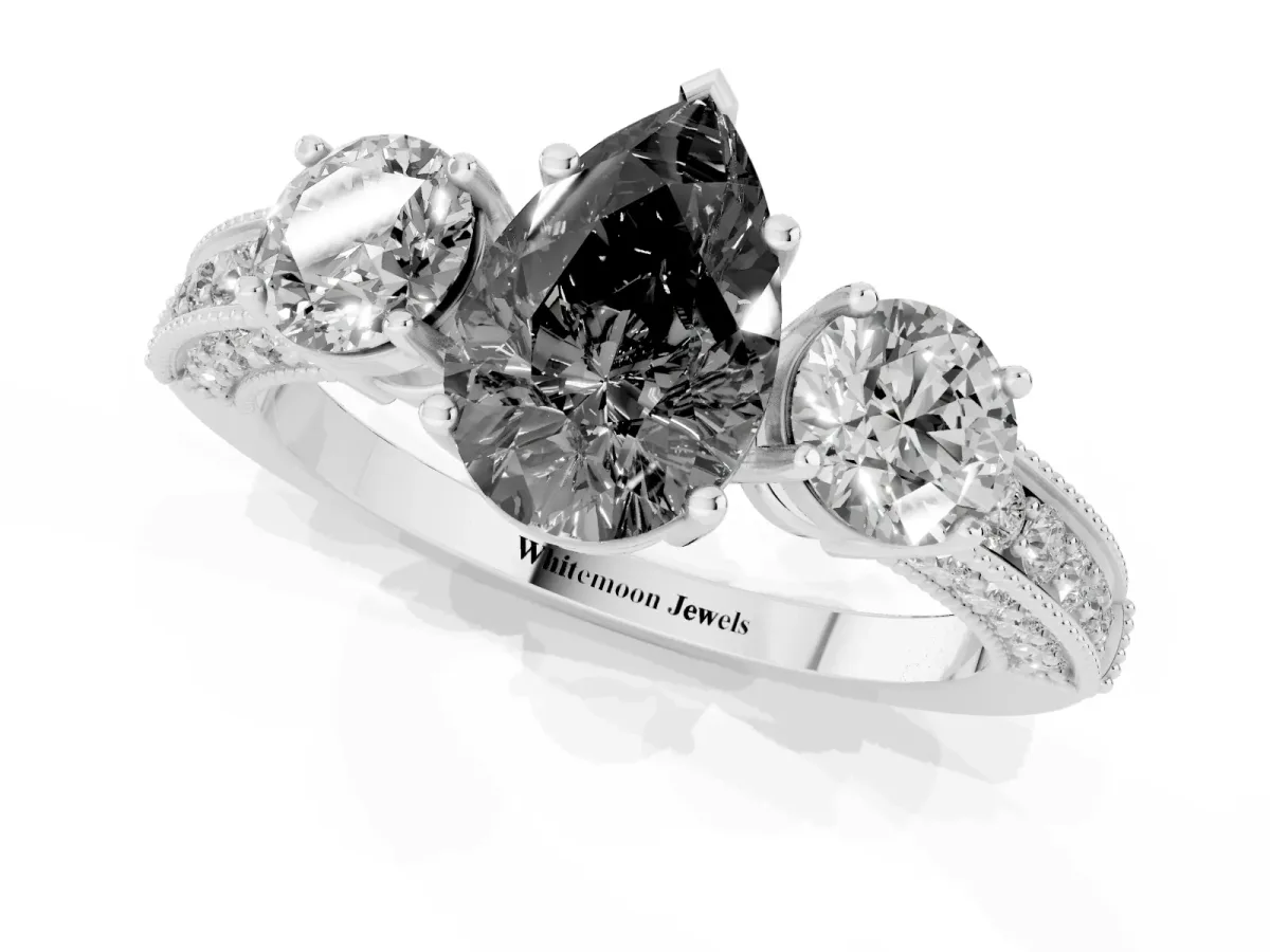 Fancy Black Pear Cut Three-Stone Diamond Ring with Pavé Band and Four-Prong Setting Platinum