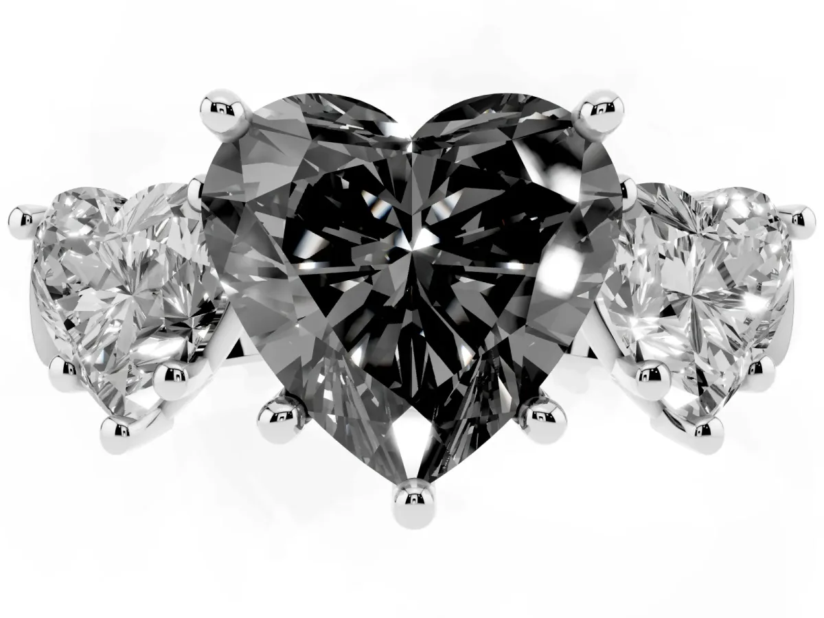 Fancy Black Three-Stone Heart Cut Brilliant Diamond Trellis Ring with Comfort Fit Band White gold