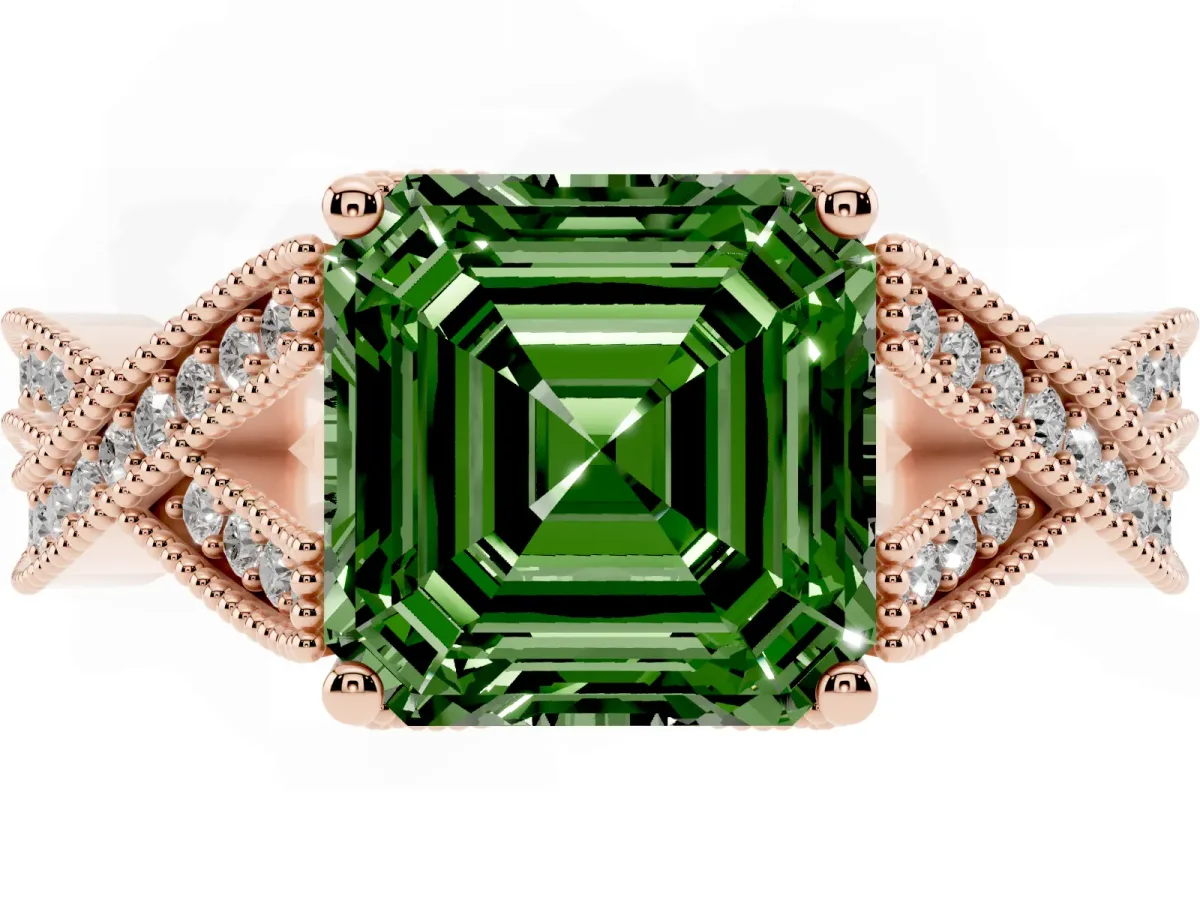 Fancy Green Asscher Cut Cut Diamond Twisted Band with Milgrain Pave Setting and Four-Prong Setting Rose gold