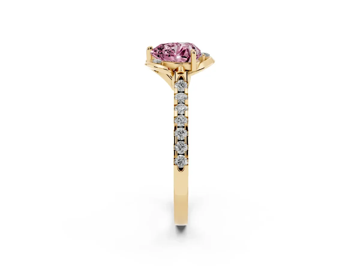 Fancy Pink Heart Cut Diamond Ring with Pavé Band and Floral Prong Setting Yellow gold